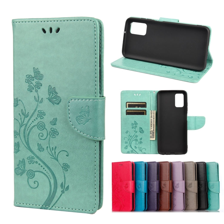 Teal flip leather phone case with butterfly-floral design, card slots and kickstand