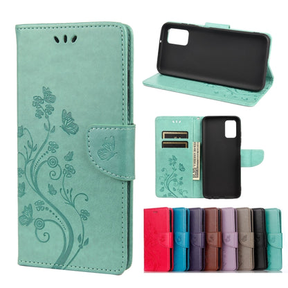 Teal flip leather phone case with butterfly-floral design, card slots and kickstand