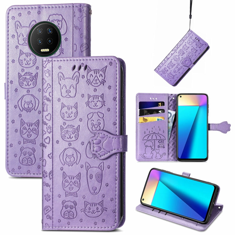 Purple cat and dog embossed flip leather phone case with card slots and lanyard holder