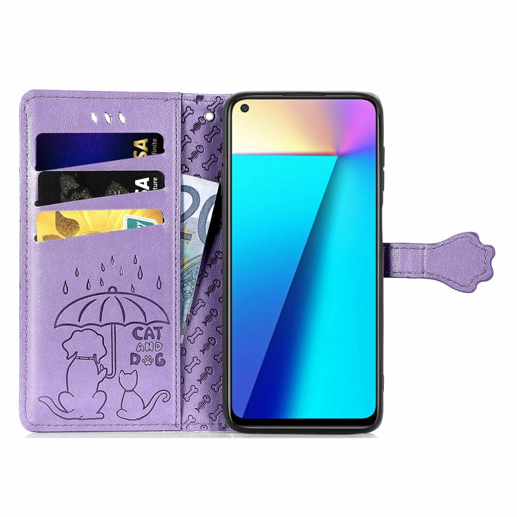 Purple cat and dog embossed flip phone case with card slots and side pull strap