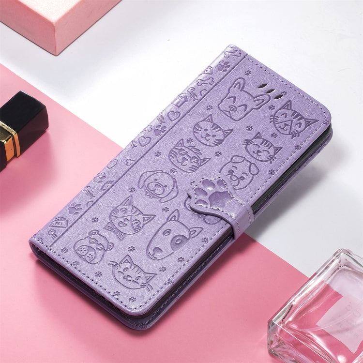 Purple cat and dog embossed leather flip phone case with magnetic clasp