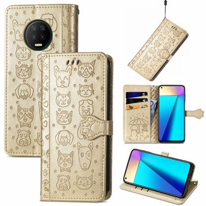 Gold cat and dog embossed flip leather phone case with card slots and lanyard holder