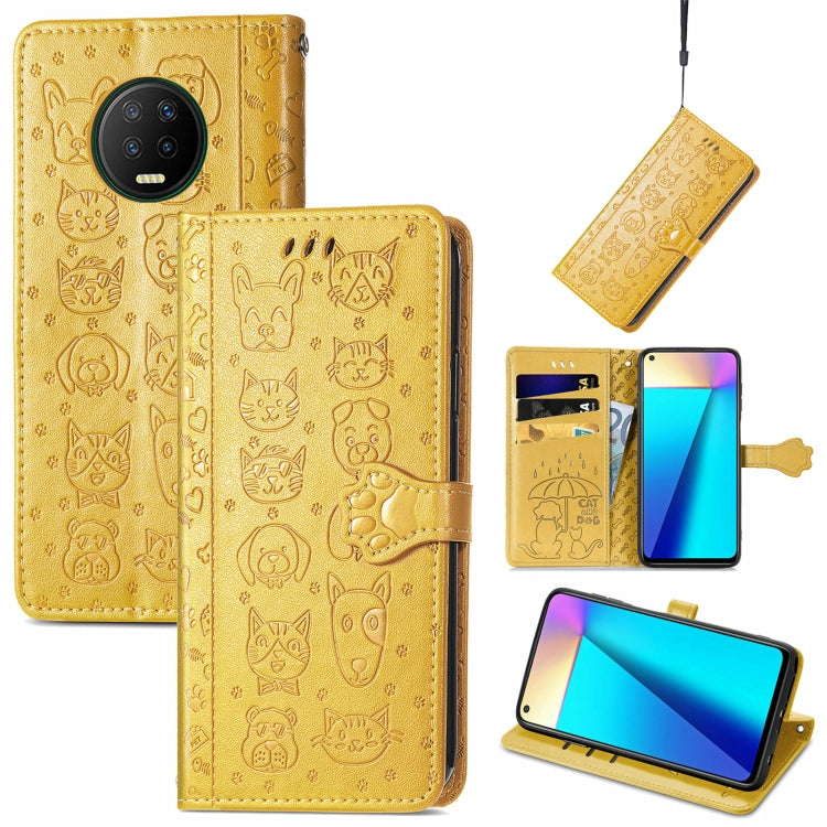 Gold cat and dog embossed wallet flip phone case with magnetic clasp and camera cutout