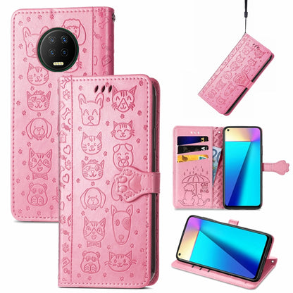 Pink cat and dog embossed flip leather phone case with card slots and lanyard holder