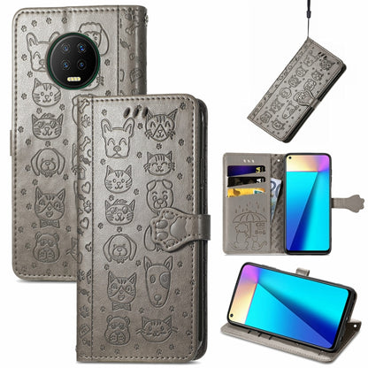 Gray cat-and-dog embossed leather phone wallet case with card slots and lanyard