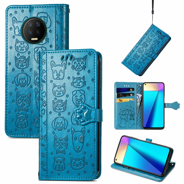 Blue cat-and-dog embossed leather phone wallet case with card slots and lanyard