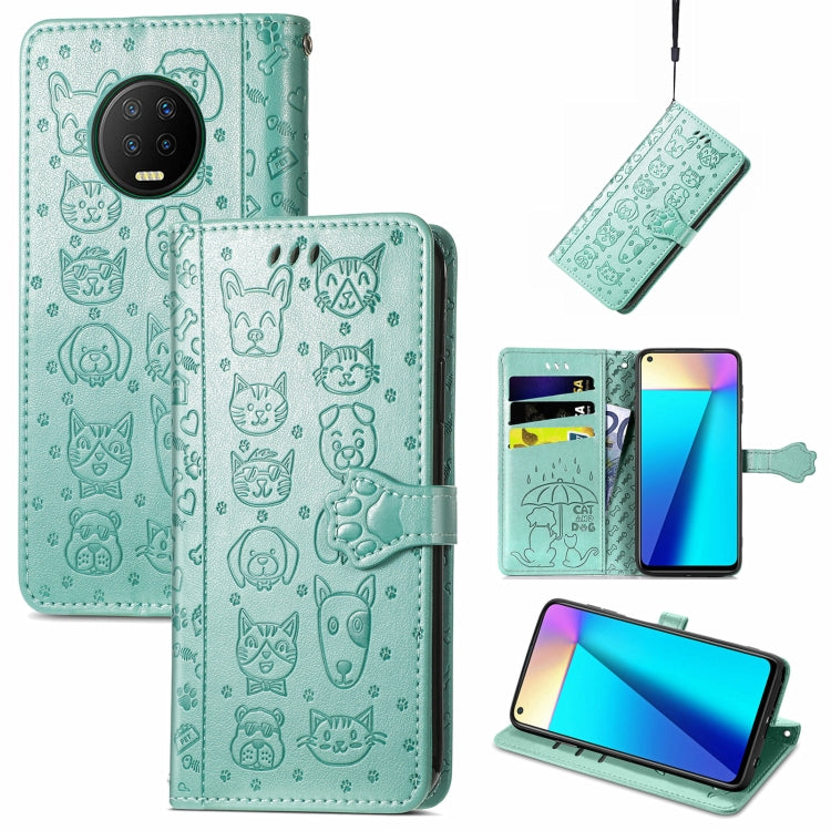 Light teal cat-and-dog embossed leather phone wallet case with card slots and lanyard