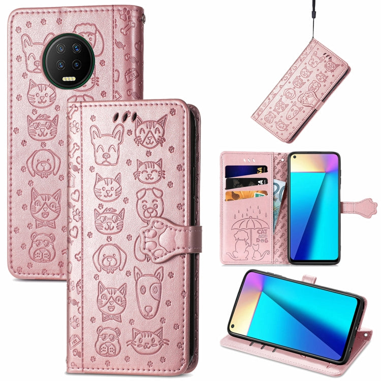 Pink cat-and-dog embossed leather phone wallet case with card slots and lanyard