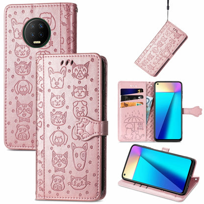 Pink cat-and-dog embossed leather phone wallet case with card slots and lanyard