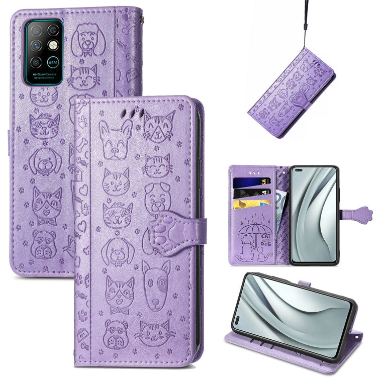 Purple cat-and-dog embossed leather phone wallet case with card slots and lanyard