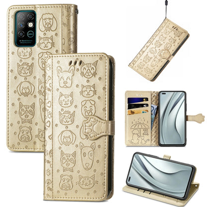 Gold cat-and-dog embossed leather phone wallet case with card slots and lanyard
