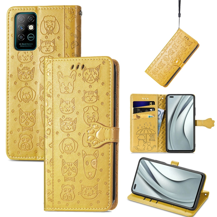 Yellow cat-and-dog embossed leather phone wallet case with card slots and lanyard
