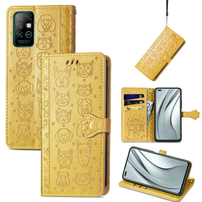 Yellow cat-and-dog embossed leather phone wallet case with card slots and lanyard