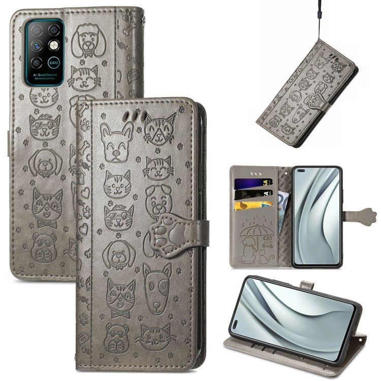 Dark gray cat-and-dog embossed leather phone wallet case with card slots and lanyard