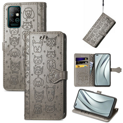 Dark gray cat-and-dog embossed leather phone wallet case with card slots and lanyard