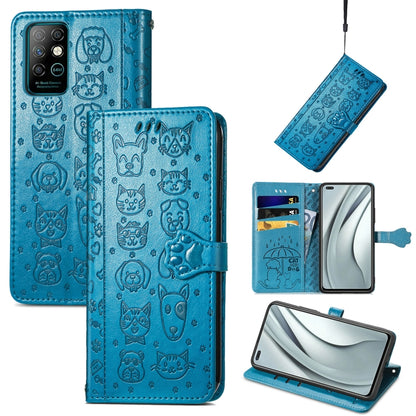 Bright blue cat-and-dog embossed leather phone wallet case with card slots and lanyard