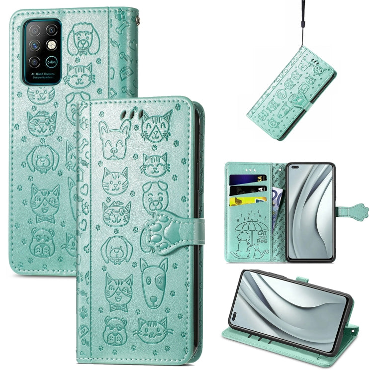 Aqua cat-and-dog embossed leather phone wallet case with card slots and lanyard