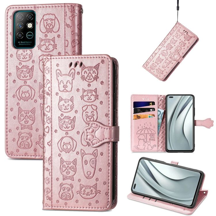 Pink cat-and-dog embossed wallet phone case with card slots, holder, and lanyard