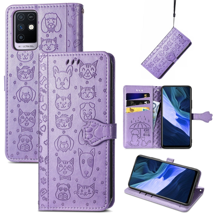 Purple cat-and-dog embossed wallet phone case with card slots, holder, and lanyard
