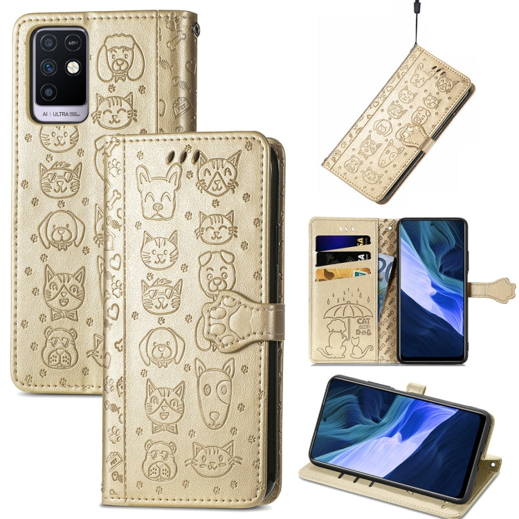 Gold cat-and-dog embossed wallet phone case with card slots, holder, and lanyard