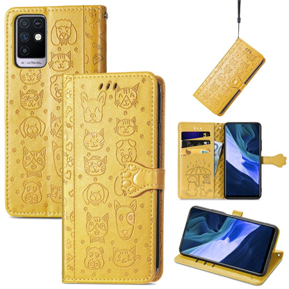 Yellow cat-and-dog embossed wallet phone case with card slots, holder, and lanyard
