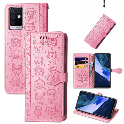 Rose-pink cat-and-dog embossed wallet phone case with card slots, holder, and lanyard