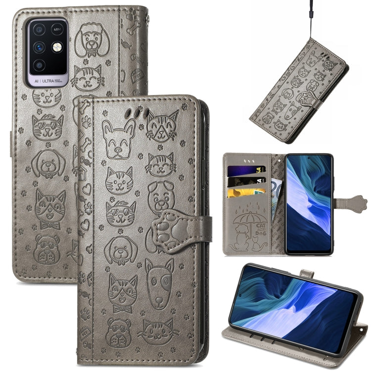 Grey cat-and-dog embossed wallet phone case with card slots, holder, and lanyard