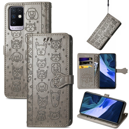 Grey cat-and-dog embossed wallet phone case with card slots, holder, and lanyard