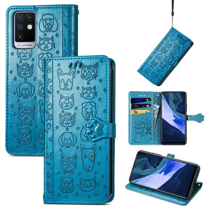 Blue cat-and-dog embossed wallet phone case with card slots, holder, and lanyard