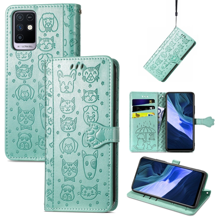 Teal cat-and-dog embossed wallet phone case with card slots, holder, and lanyard