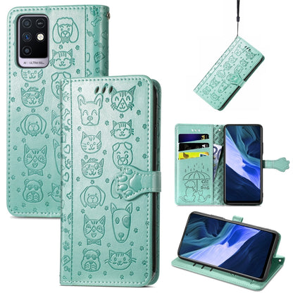 Teal cat-and-dog embossed wallet phone case with card slots, holder, and lanyard