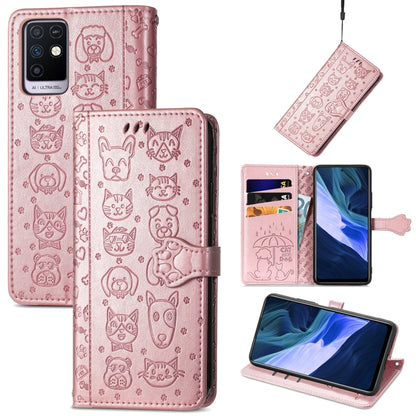 Pink cat-and-dog embossed wallet phone case with card slots, holder, and lanyard