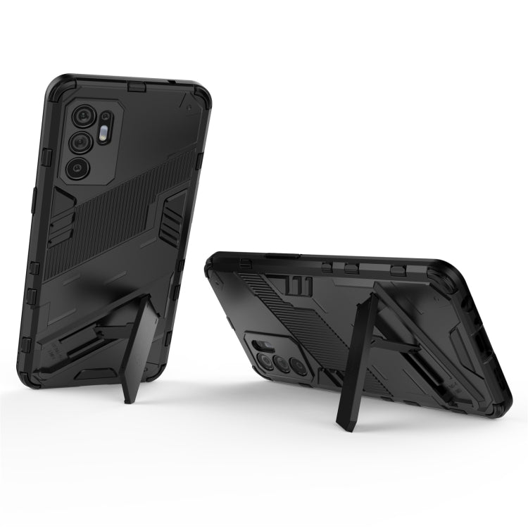 Black rugged phone case with built-in stand for angled viewing