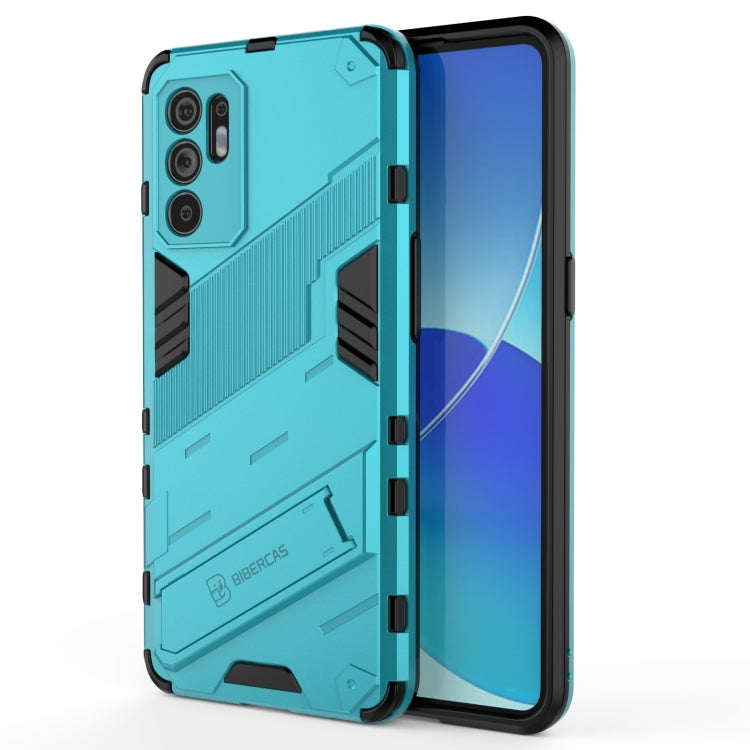 Rugged shockproof phone case with raised camera cutouts, light blue armor style shell