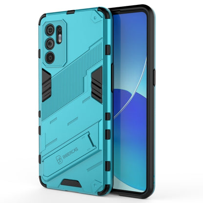 Rugged shockproof phone case with raised camera cutouts, light blue armor style shell