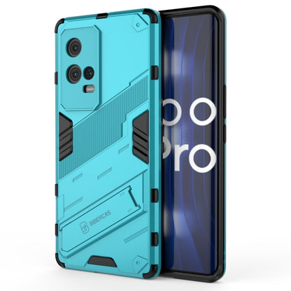 Rugged shockproof phone case with raised camera cutouts, light blue armor style back