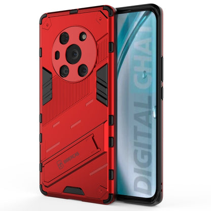 Red armored phone case with shockproof TPU; front and back show protective corners.