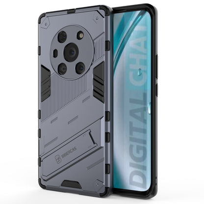 Grey armored phone case with shockproof TPU; front cover with cutouts and raised edges.
