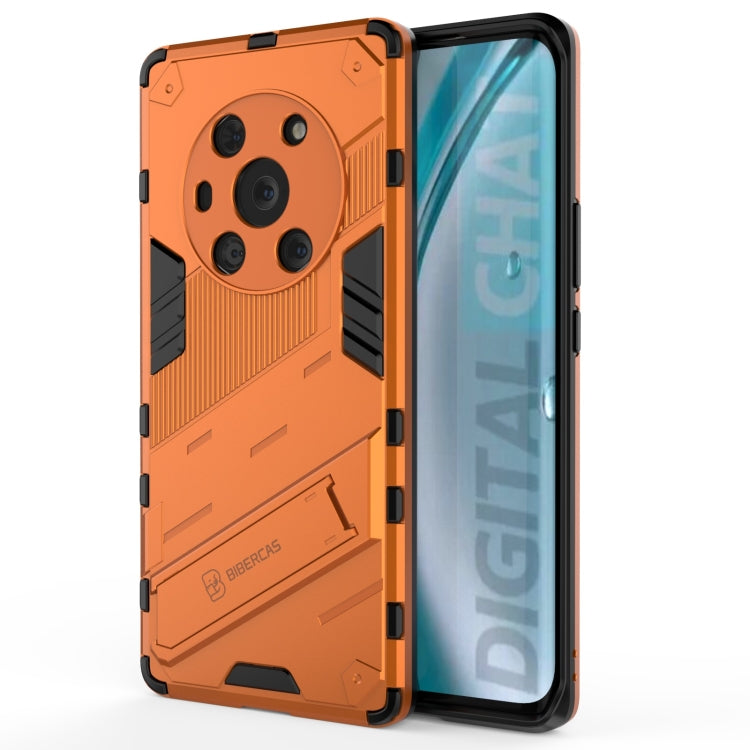 Rugged shockproof phone case with raised camera cutouts, orange armor style shell