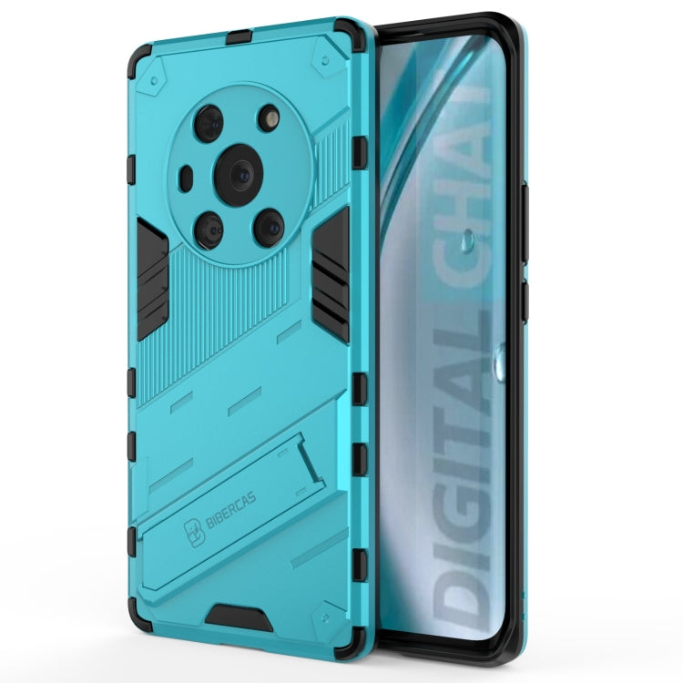 Rugged shockproof phone case with raised camera cutouts, light blue armor style shell