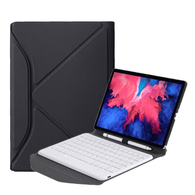 Black detachable Bluetooth keyboard tablet case with white keyboard and tablet on stand