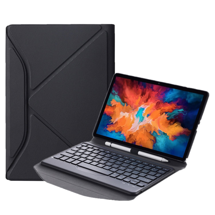 Black leather tablet case with detachable Bluetooth keyboard and pen slot, stand