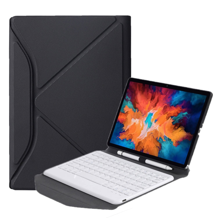 Black leather tablet case with detachable Bluetooth keyboard, pen slot, triangular stand