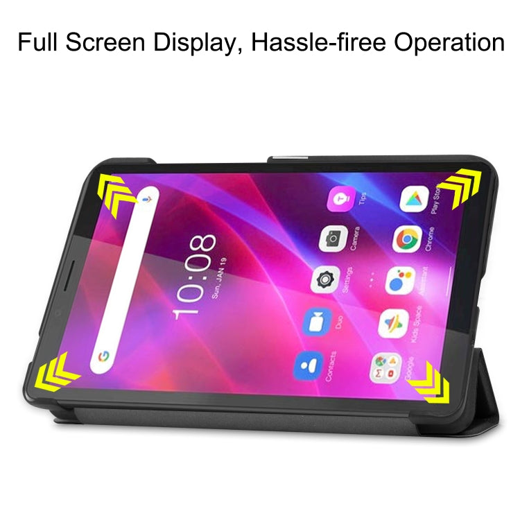 Black textured leather folio with built-in stand for Lenovo Tab M7 3rd Gen tablet.