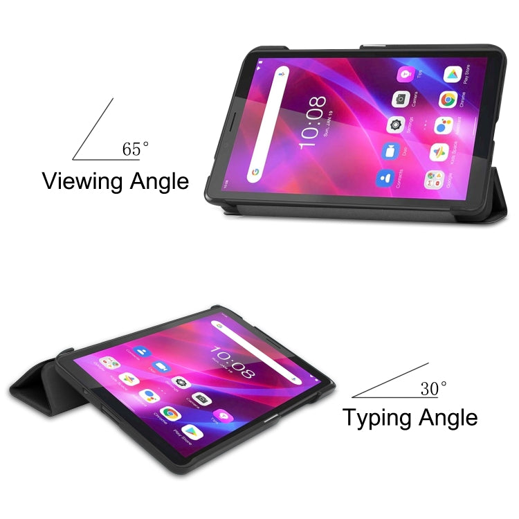 Black textured flip leather case with stand showing viewing and typing angles for Lenovo Tab M7 3rd Gen.