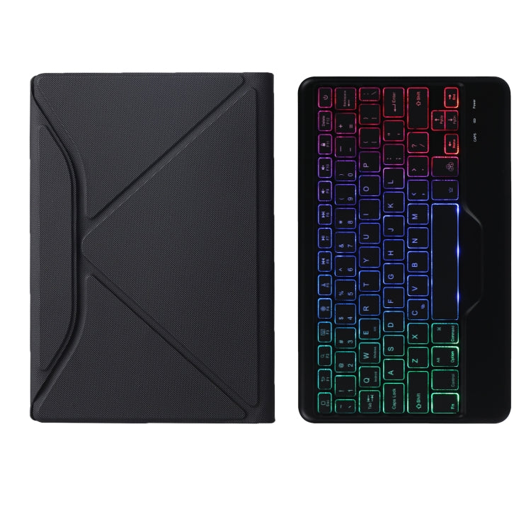 Black leather tablet keyboard case with backlit keys, keyboard exposed from fold cover