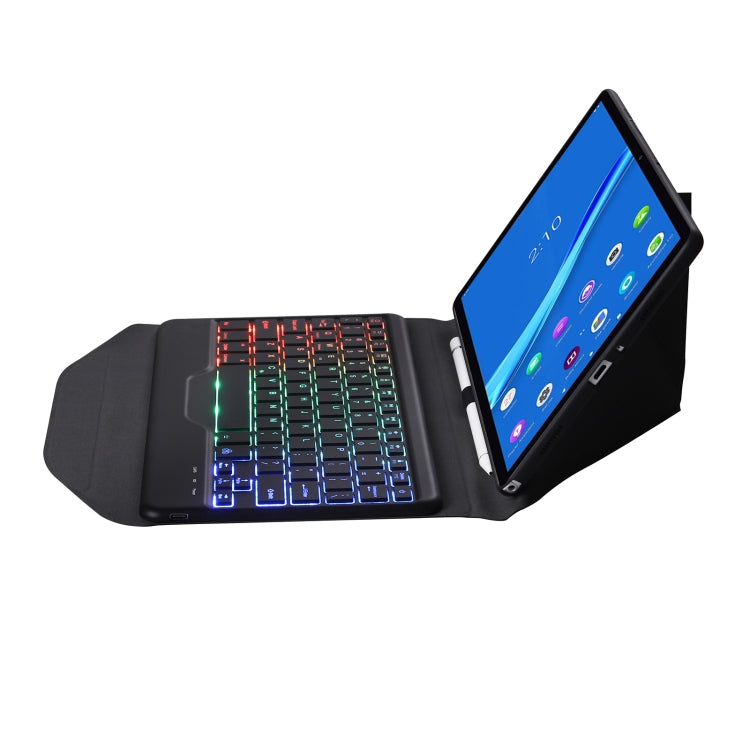 Black leather tablet keyboard case opened flat, showing multicolor backlit keyboard