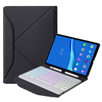 Black leather tablet keyboard case with detachable white keyboard and backlit keys
