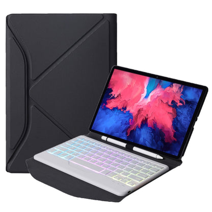 Black leather tablet keyboard case with detachable white keyboard and backlit keys