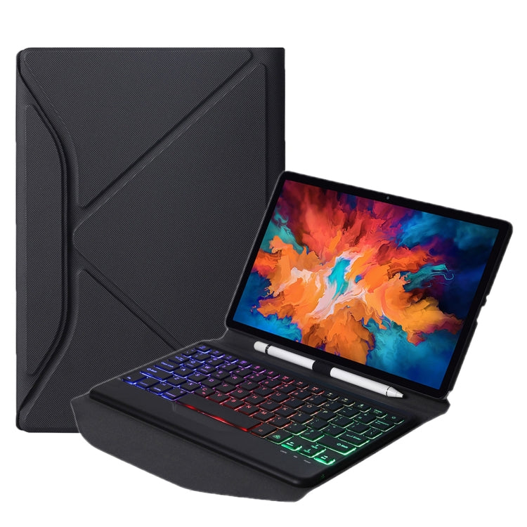 Black leather case with detachable backlit Bluetooth keyboard and triangular stand